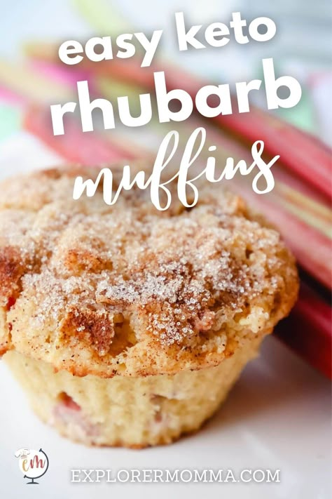 These low carb rhubarb muffins are sweet and have a cinnamon crunch! Made with almond and coconut flour, this recipe is gluten-free. If you're looking for a healthy easy keto dessert or breakfast idea then these muffins will be perfect to make on the weekend. Keto Rhubarb Muffins, Keto Rhubarb, Keto Favorites, Easy Keto Dessert, Keto Muffin Recipe, Rhubarb Muffins, Keto Baking, Cinnamon Crunch, Low Carb Muffins