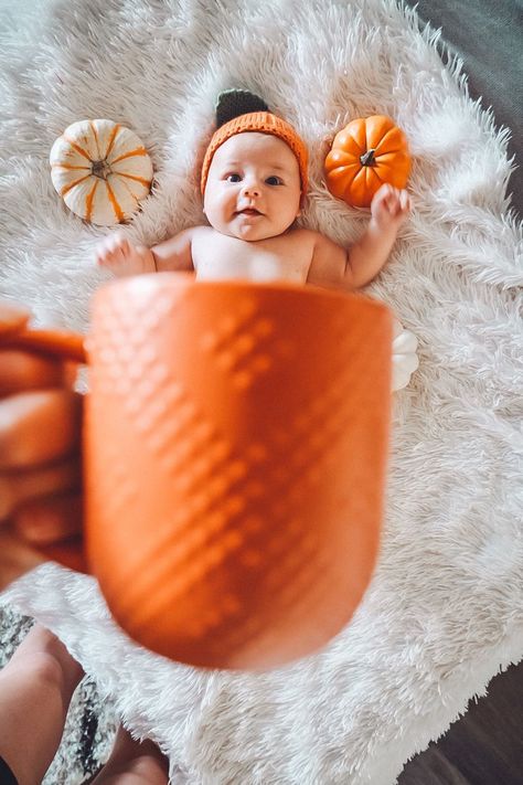 Photoshoot Ideas Oh My Gourd Baby Picture, Infant Fall Pictures, Fall Photos For Baby, First Halloween Photos, Candy Corn Baby Pictures, November Baby Monthly Pictures, Fall Baby Photoshoot Ideas, Baby In Pumpkin Picture, Infant Fall Photoshoot