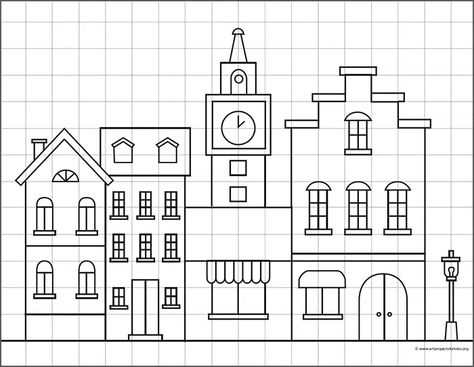 City Tutorial, Draw A City, Drawing City, Graph Paper Designs, Drawing Lessons For Kids, Graph Paper Drawings, Drawing Examples, Pixel Drawing, Graph Paper Art