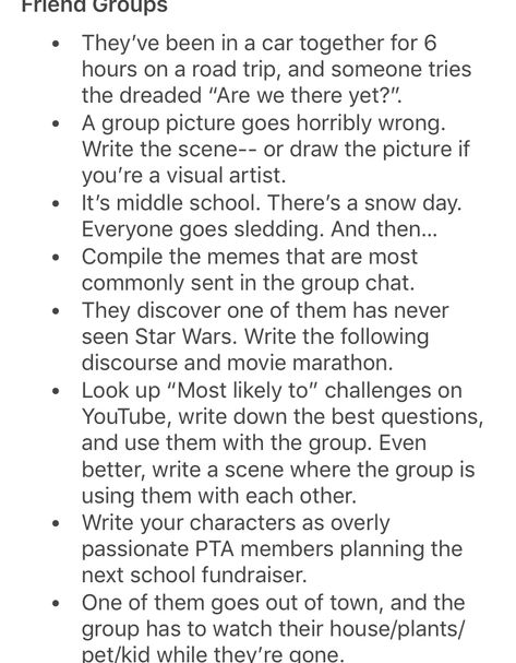 Writing Prompts to Get to Know Your Characters Better Writing Prompts Curses, Get To Know Your Character Writing Prompts, Group Writing Prompts, Ot4 Prompts, Parental Figure Writing Prompts, Friend Group Writing Prompts, Friend Group Prompts, Bickering Prompts, Found Family Writing Prompts