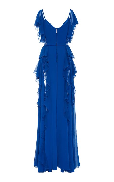 V Neck Gown, Gowns Blue, Blue Ruffle Dress, Ruffled Gown, Gown Blue, Lace Ball Gowns, Blue Evening Dresses, Lace Evening Dresses, Elie Saab