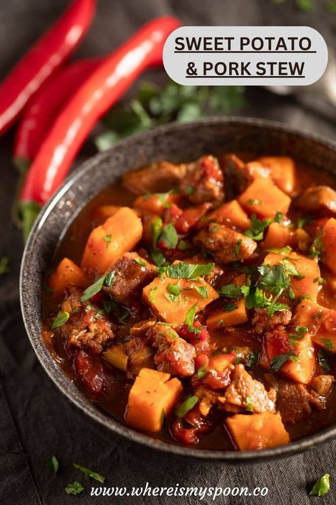 This hearty pork and sweet potato stew is easy to make, flavorful, and even better the next day. It’s perfect for meal prep, guests, or a cozy meal anytime! Pork And Sweet Potato Recipes, Pork Sweet Potato, Sweet Potatoes Recipes, Homemade Beef Broth, Spanish Stew, Sweet Potato Stew, Potato Stew, Pork Stew, Stewed Potatoes