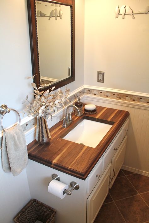 Small bathroom with Walnut Wood countertop - www.EnGRAINtops.com Bathroom Wood Countertop, Wood Countertop Bathroom, Small Bathroom Counter Decor, Bathroom Countertop Ideas, Bathroom Counter Decor Ideas, Counter Top Sink Bathroom, Bathroom Wood, Bathroom Counter Decor, Bathroom Sink Decor