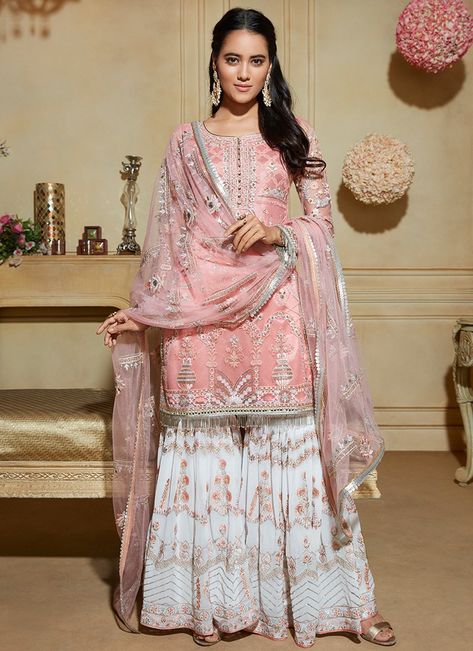 Coral Pink and Off White Gharara Suit– Lashkaraa