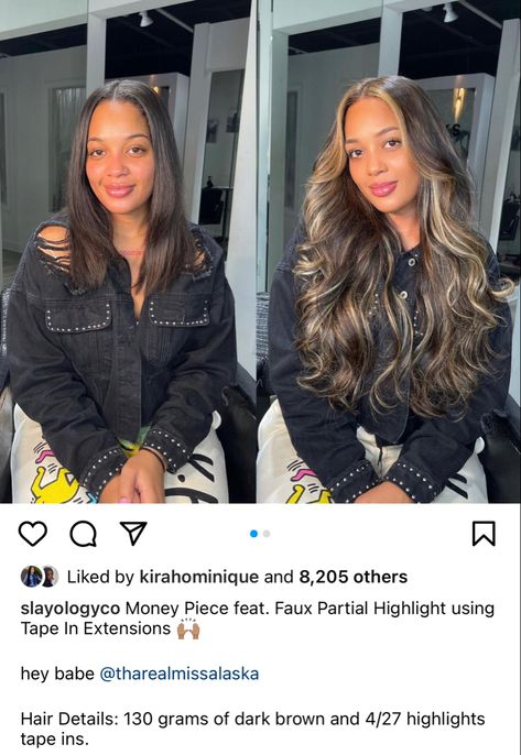 Honey Brown Hair Extensions, Highlights With Extensions Dark Brown, Blond Highlight Sew In, Highlight Extensions On Black Hair, Highlights Tape Ins, Black Honey Blonde Hair, Full Head Highlights Black Hair, Blonde Streaks In Dark Hair Black Women, Sewin Blonde Highlights