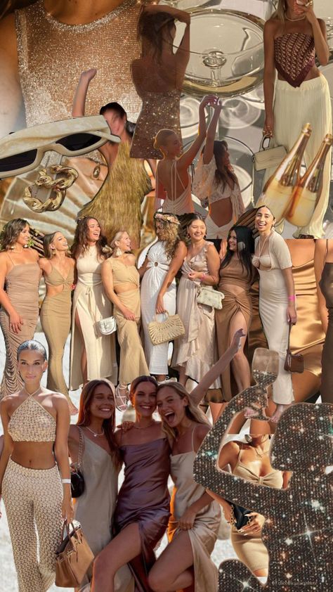 #myfirstshuffle Espresso Martini Outfit Theme, Jungle Bachelorette Party Outfit, Golden Gals Bachelorette, Metallic Bachelorette Outfit, Nude Bachelorette Party Theme, Gold Rush Bachelorette Party, Tulum Bachelorette Party Outfit, Gold Rush Bachelorette, Go Coconuts Bachelorette