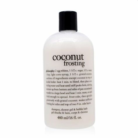 New Philosophy Coconut Frosting 3 In 1 Shower Gel, Shamboo, Bath Soak Bubbles 3 Available Other Scents Available Bundle & Save Philosophy Coconut, Bubble Brand, Rose Shampoo, Marshmallow Bars, Coconut Frosting, Raspberry Sorbet, Bath Gel, Body Washes, Grated Coconut