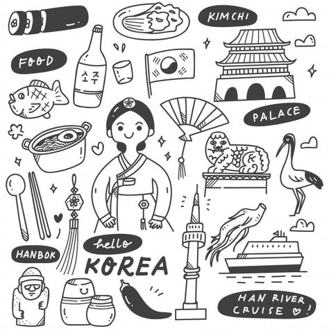 Korea Doodle, Aesthetic Bear, Doodles Aesthetic, Korean Crafts, Travel Doodles, Korean Illustration, Doodle Art Journals, Images Kawaii, Korean Culture