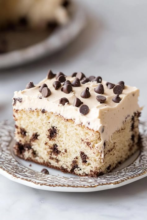 Chocolate Chip Sheet Cake - Insanely Good Chocolate Chip Sheet Cake, Chocolate Chip Frosting, Brown Sugar Frosting, Caramel Bits, Sugar Frosting, Chocolate Chip Cake, Sheet Cake Recipes, Poke Cakes, Cake Recipes From Scratch