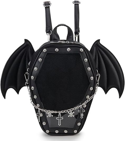 ENJOININ Gothic Coffin Shape Fashion Purses and Handbags for Women Halloween Shoulder Bag Backpack Gothic Coffin, Haunted Hayride, Enamel Pin Display, Purple Cross, Coffin Shape, Bag Display, Women Crossbody Bag, Black Wings, Cross Chain