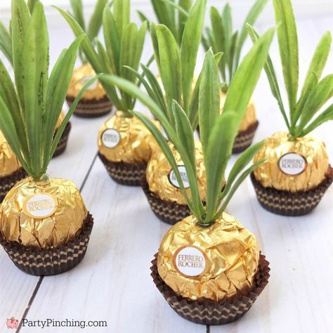 Ferrero Rocher Pineapples are so adorable and this DIY craft is so easy to make for a cute and fun party favor for a luau, beach, or pineapple party Pineapple Party Favors, Pineapple Candy, Hawaii Themed Party, Diy Pineapple, Pineapple Theme, Pineapple Birthday, Pineapple Party, Hawaiian Party Decorations, Luau Theme Party