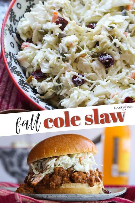 This easy homemade Fall Cole Slaw is filled with apples, dried cranberries, pumpkin seeds, crunch cabbage, and carrots! Perfect on BBQ, sloppy joes, or as a side dish! #cookiesandcups #coleslawrecipe #salad #sidedish Apple Coleslaw Recipe, Bbq Sloppy Joes, Rootbeer Pulled Pork, Vegetarian Sandwiches, Beer Pulled Pork, Cabbage And Carrots, Cups Recipes, Apple Coleslaw, Easy Fall Dinners