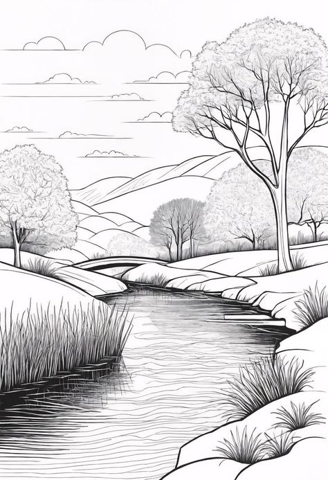 Premium Photo | A drawing of a river with trees coloring book illustration How To Draw River, Lake Drawing Simple, River Drawing Pencil, How To Draw A River, River Drawing Simple, Landscape Perspective Drawing, Buddha Birth, Landscape Ideas Drawing, River Sketch