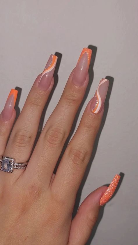 Natural Nails With Orange Design, Simple Festive Nails Acrylic, Orange N White Nails, Mail Inspo Orange, Orange Sparkle French Tip Nails, Orange French Acrylic Nails, Short Orange Nails With Rhinestones, Orange Line Nails, Orange And White Prom Nails