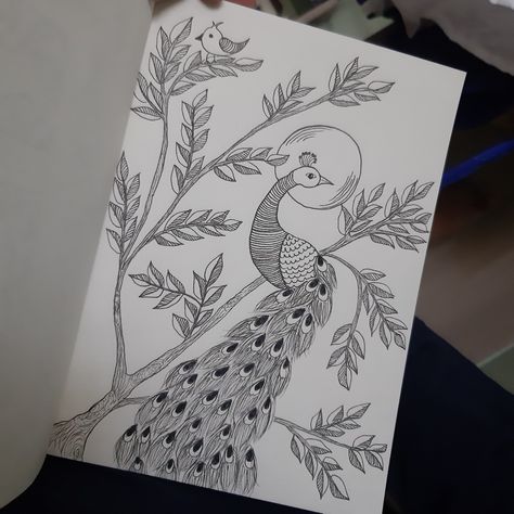 Peacock Sitting On Branch Drawing, Peacock Drawing Easy, Black Pen Art, Black Pen Sketches, Pookalam Design, Peacock Room, Peacock Drawing, Charm Ideas, Painting Birds