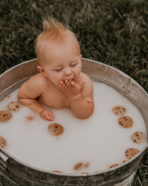 Milk Bath Newborn Pictures, 1 Year Milk Bath Photos, 1 Year Milk Bath Photography, May Baby Photoshoot Ideas Boy, Milk And Cookies Baby Pictures, Milk And Cookies 1st Birthday Photoshoot, 1st Birthday Milk Bath Pictures, Cookie Bath Photography, Cookie And Milk Photoshoot