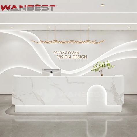 Modern Reception Desk Design Waiting Area, Office Reception Design Waiting Rooms, Front Desk Ideas Reception Areas, Creative Reception Desk Design, White Reception Table, Marble Reception Desk, Modern Reception Counter, Luxury Reception Desks, Unique Reception Desks