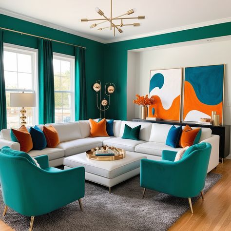 32 Stunning Green Living Room Ideas to Transform Your Space - Style Zuri Teal And Green Living Room, Orange And Gray Living Room, Orange And Teal Living Room, Teal And Orange Color Palette, Dark Teal Living Room, Teal Living Room Ideas, Dining Room Teal, Green Living Room Ideas, Feminine Living Room