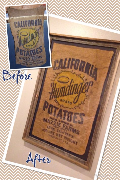 Burlap potato sack turned art by framing Framed Burlap Sack, Burlap Sack Decor, Coffee Bag Crafts, Burlap Coffee Bags, Flour Sacks, Coffee Sack, Potato Sack, Framed Burlap, Repurposed Decor