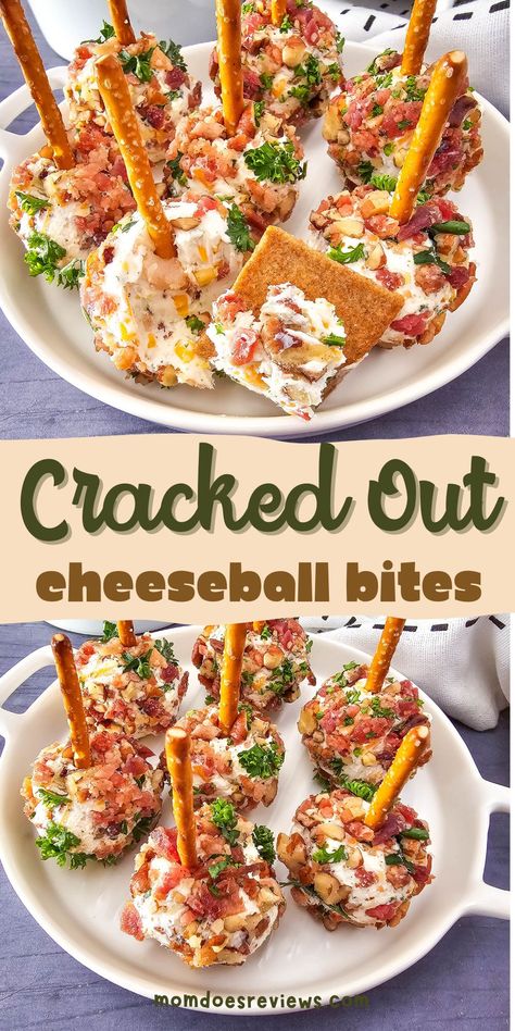 Cracked Out Cheeseball Bites- Easy Holiday Appetizer! - Mom Does Reviews Christmas Mini Cheese Ball Bites, Mini Cheeseball Appetizers, Cream Cheese Balls With Pretzel Sticks, Appetizer Recipes Cheese Ball, Cold Keto Appetizers For Party, Finger Foods Low Carb, Food Balls Ideas, Bite Size Cheese Balls, Air Fryer Appetizers Easy