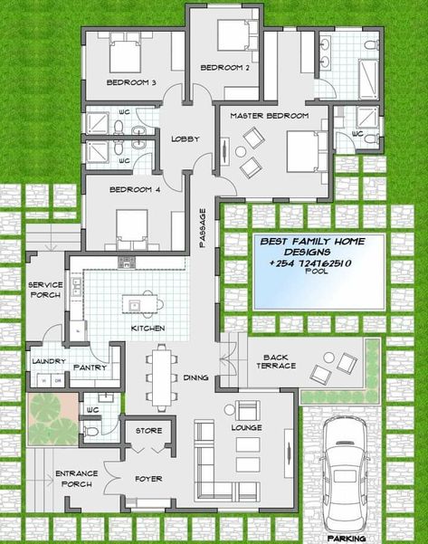 Living Room Design Blue, Four Bedroom House Plans, 20x30 House Plans, Architecture Design Presentation, Small Modern House Plans, Two Story House Design, Bungalow Floor Plans, House Plans Mansion, Story Layout