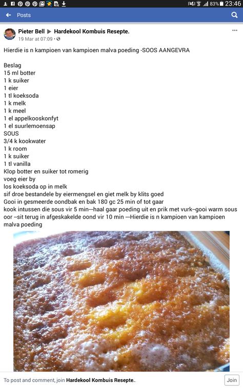 Maklike Afrikaanse Resepte, Malva Poeding Resep, Kits Poeding Resepte, Gebakte Poeding Resepte, Beesvleis Resepte, Maklike Tert Resepte, Pudding Recipes Homemade, Easy Tart Recipes, Easy Puddings