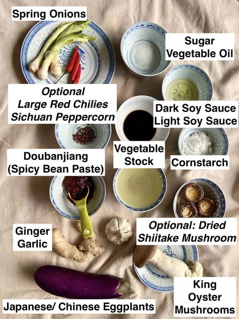 The ingredients for Yu Xiang Qie Zi Chinese Eggplant Recipe on a linen cloth. Yu Xiang Eggplant, Easy Authentic Chinese Recipes, Chinese Eggplant Recipes, Vegan Eggplant Recipes, Longevity Noodles, Chinese Eggplant, Chinese New Year Food, Eggplant Recipe, Sichuan Peppercorn