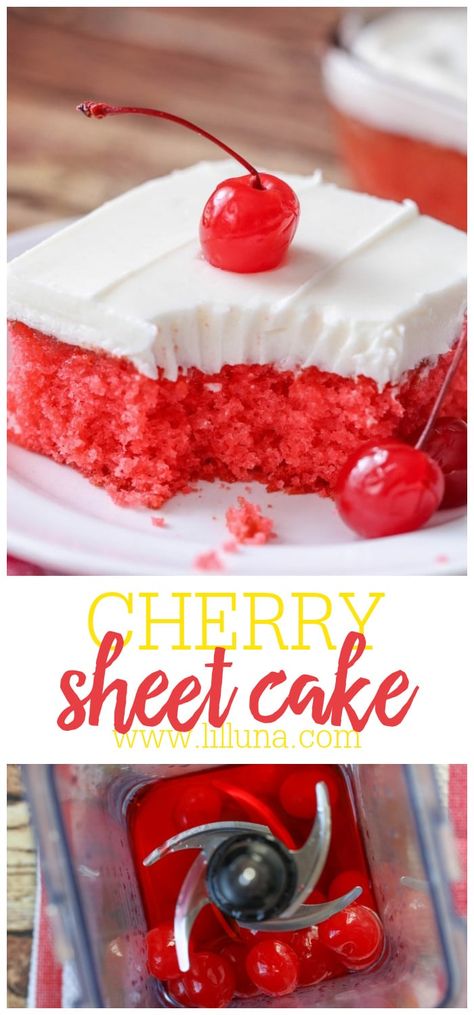 Moist Cherry Sheet Cake is topped with a homemade almond buttercream frosting. It is easy and SO delicious!! #cherrysheetcake #sheetcake #cherrycake #sheetcakerecipe #cherry Cherry Sheet Cake, Almond Buttercream Frosting, Almond Buttercream, Fruity Cake, Cherry Desserts, Slow Cooker Desserts, Sheet Cake Recipes, Cherry Cake, Fruity Desserts