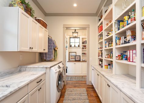 Making that space do the work for you, using built-ins to open up this room. Laundry Pantry Combo Ideas Layout, Pantry And Laundry Room Combo Layout, Laundry Room Pantry Combo, Pantry Laundry Room Combo, Pantry Storage Ideas, Pantry Utility, Laundry Room Pantry, Narrow Laundry Room, Laundry Pantry