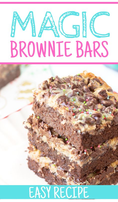 Classic Magic Bar Recipe Merged with Brownies to make a delicious Magic Brownie Recipe perfect for holiday dessert. Magic Brownies, Basic Brownie Recipe, Magic Bars Recipe, Brownie Mix Recipes, Magic Cookie Bars, Peppermint Brownies, Magic Bars, Cookie Brownie Recipe, Dessert Bar Recipe