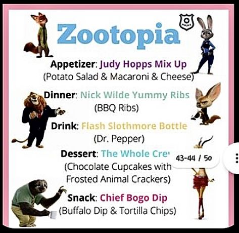 Zootopia Dinner Ideas, Zootopia Food Ideas, Zootopia Dinner And A Movie, Disney Dinner And Movie Night Recipes, Kids Movie Themed Dinner, Disney Movie Night Dinner Recipes, Disney Movie Themed Food, Disney Nights, Disney Movie Themed Dinner