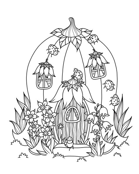 Fairy Homes Coloring Pages, Whimsical House Drawing, Whimsical Coloring Pages, Digital Stamps Free, House Quilt Patterns, Construction Paper Crafts, House Colouring Pages, Flower Drawing Tutorials, Hello Kitty Coloring