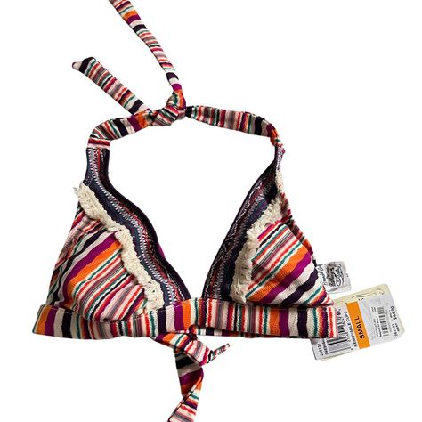 Lucky Brand Swimsuit Top, Halter Style, Triangle Cup With Removable Pads, Multicolor Knit Stripes (Purple, Red, Orange, White, Teal Green), Fringe Accents, Small, New With Tags Gb Swimming Swim Suit Bathing Bikini Striped Boho Fringe Swimsuit, Knit Stripes, Tie Dye Swimsuit, Bandeau Bathing Suits, Multicolor Knit, Top Halter, Blue Swimsuit, Purple Fashion, Swimsuit Tops