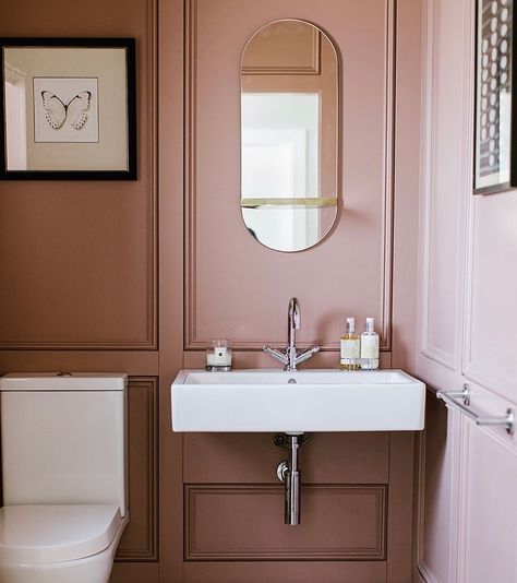 The abundance of natural light in this beautiful powder room gives #SulkingRoomPink a rosy glow! ✨ Photo by @ciara_keelan_concepts… Sulking Room Pink, Pink Powder Room, Beautiful Powder Rooms, Pink Toilet, Downstairs Loo, Pink Powder, Downstairs Toilet, Farrow And Ball, Pink Bedrooms