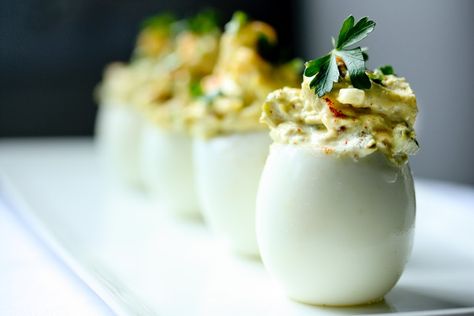 A simple delicious recipe for the Best EVER Deviled Eggs- Made with crumbled bacon, cheddar and onion. | www.feastingathome.com Elegant Deviled Eggs, Vegan Bacon Bits, Feasting At Home, Best Deviled Eggs, Bacon Deviled Eggs, Vegan Bacon, Deviled Egg, Summer Eating, Vegan Appetizers