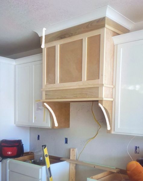 Faux Stove Hood Diy, Cabinet Hood Design, Wood Kitchen Hood Vent, Stove Without Vent Hood, Cottage Range Hood, Over The Range Hood Ideas, Wooden Range Hood Ideas, Wood Stove Hood, Stove Vent Hood Ideas