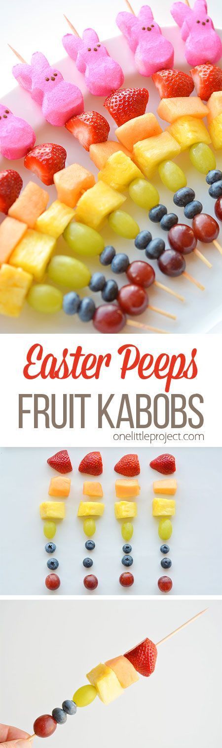 These rainbow Easter Peeps fruit kabobs are SO PRETTY! And they're so simple to make. Such a fun and healthy idea for a Easter snack and a great alternative to candy! Healthy Easter Snacks, Fruit Kabobs Kids, Rainbow Fruit Skewers, Easter Snack, Healthy Easter, Easter Snacks, Fruit Skewers, Fruit Kabobs, Rainbow Fruit