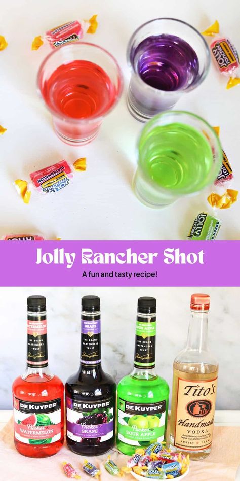 Jolly Rancher Shot - A Beautiful Mess Jolly Rancher Martini, Jello Shots Pink Whitney, Candy Flavored Shots, Candy Flavored Alcoholic Drinks, Watermelon Jolly Rancher Drink, Jolly Rancher Shots Recipe, Trash Can Drink Recipe, Shooters Alcohol Recipes, Jolly Rancher Cocktail