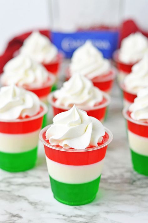 Birthday Jello Shots, Flag Jello, Alcohol Jello Shots, Flag Desserts, Layered Shots, Jello Shots Recipe, Boozy Treats, Green Jello, Layered Jello