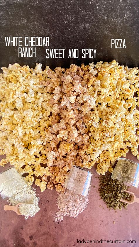 Three Homemade Popcorn Seasoning Recipes White Cheddar Popcorn Recipe, Pizza Popcorn Seasoning, Spicy Popcorn Seasoning, Homemade Popcorn Seasoning Recipes, Diy Popcorn Seasoning, Corn Bar, Homemade Popcorn Seasoning, Popcorn Seasoning Recipes, Pizza Popcorn