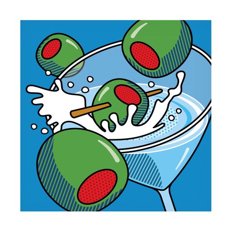 PRICES MAY VARY. Artist: Ron Magnes Subject: Still Life Style: Modern & Contemporary Description: an illustration of a martini. Made in the USA - SIZE - 14x14 Martini With Olives, Ron Magnes, Olive Art, Pop Art Party, Brochures Design, Pop Art Food, Blue Canvas Art, Pop Art Canvas, Modern Pop Art