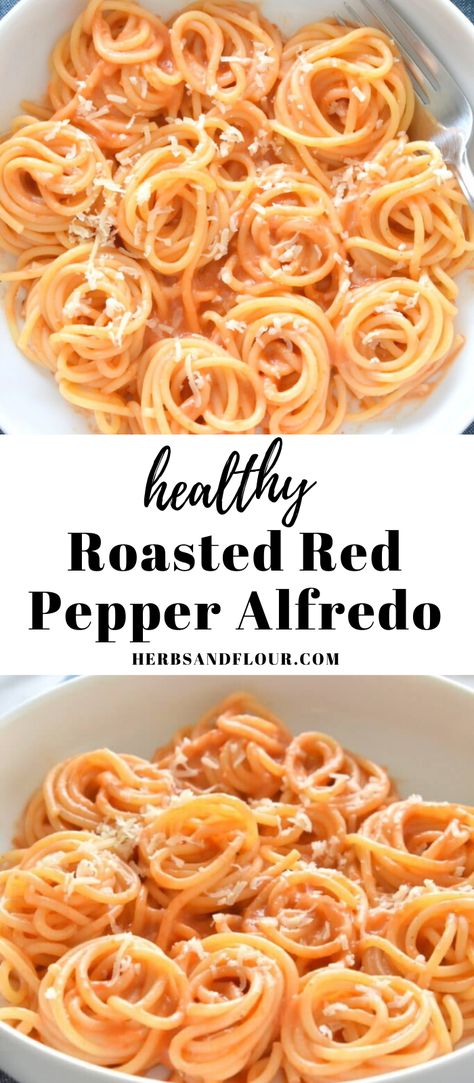 This Healthy Roasted Red Pepper Alfredo is a delicious lightened up Alfredo. Made without heavy cream, this lightened up sauce still manages to be creamy and decadent! #pasta #healthyrecipe #lightenedup #diet #healthypasta Healthy Pasta Sauce Recipes Clean Eating, Red Pepper Alfredo Pasta, Red Sauce With Heavy Cream, Red Pepper Alfredo Sauce, Non Red Sauce Pasta, Pepper Alfredo Pasta, Low Calorie Pasta Sauce, Red Pepper Alfredo, Healthy Pasta Sauce