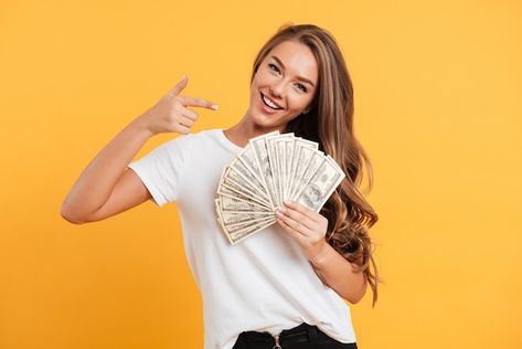 Holding Money, Need A Loan, Pointing Fingers, Long Blond, Close Up Portraits, Smile Girl, Long Blonde Hair, Woman Standing, Happy Women