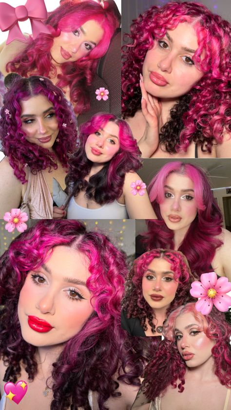 pink curly hair, pink curls, pink curly hair ideas, curlspo, vivid curls Money Piece Curly Hair, Pink Money Piece, Pink Curly Hair, Curly Hair Inspo, Pink Money, Pink Curls, Pink And Black Hair, Money Piece, Pink And Black