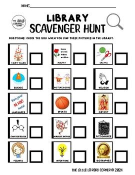 The Library Scavenger Hunt is a great activity for students to learn the location of books in the library! Simply cut and place each book picture within the section where it belongs in the library. Students will make a check mark in the box on their worksheets once they locate each picture. This can be used in the school library or public library when hosting group visits from schools. School Library Themes, Library Scavenger Hunt, Library Outreach, School Library Activities, Book Scavenger Hunt, School Library Bulletin Boards, School Library Lessons, Haunted Library, School Library Decor