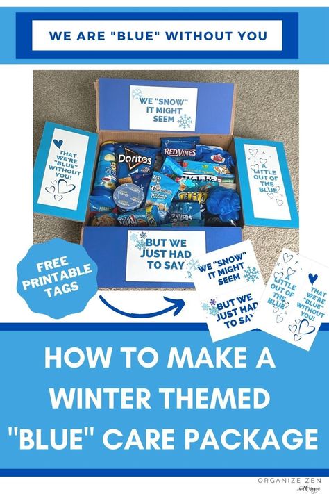 Winter College Care Package Ideas, Blue Care Package, Something Out Of The Blue, College Parents, Deployment Care Packages, Snow Theme, Free Printable Tags, Package Ideas, College Care Package