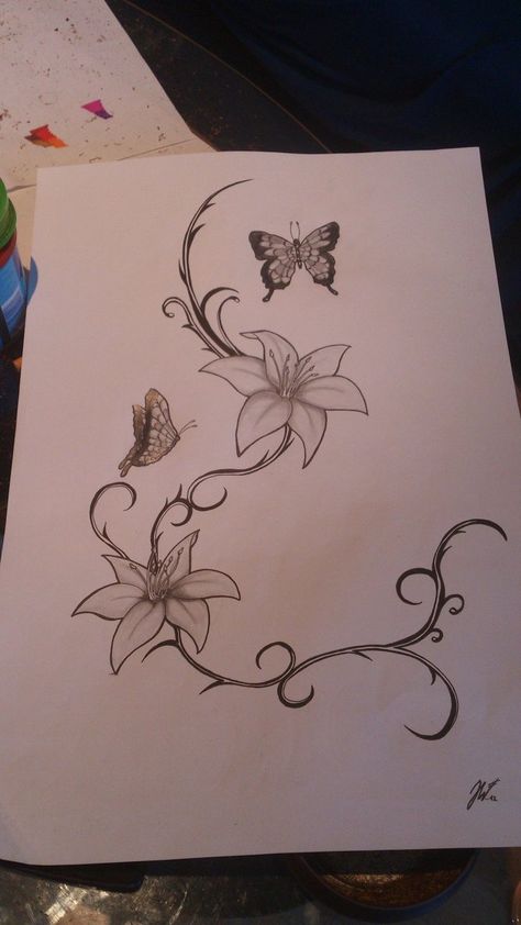 Tiger Lily And Butterfly Tattoo, Lily And Butterfly Tattoo, Lillies Tattoo, Water Lilly, Lily Tattoo, Spine Tattoos, Tiger Lily, Butterfly Tattoo, Tattoo Sketches