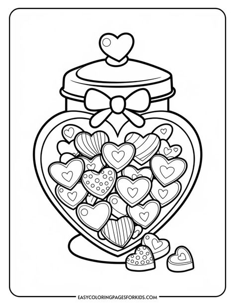 Coloring page featuring a heart-shaped jar filled with various decorative heart candies, perfect for kids' activities and Valentine's Day crafts. February Coloring Pages For Kids, Chicano Coloring Pages, Valentines Color Sheets Free Printables, Things To Print And Color, Simple Cute Coloring Pages Aesthetic, February Coloring Pages Free Printable, I Love You Coloring Pages, March Coloring Sheets, Valentine’s Day Coloring Pages