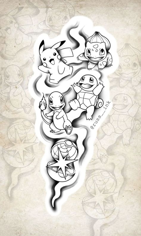 Gaming Line Art, Pokemon Tattoo Stencil, Pokemon Sleeve Tattoo, Pokemon Tattoo Sleeve, Pokemon Flash Tattoo, Pikachu Tattoo Design, Respect Tattoo, Pokemon Sleeves, Digimon Tattoo