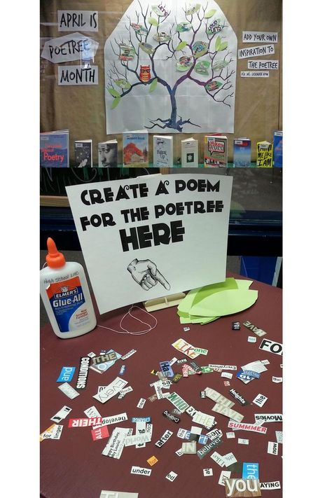 Poetry created from found words. Ingenious way to push students writing styles. Makerspace Library, Month Ideas, School Library Displays, Library Bulletin Board, Teen Library, Library Media Specialist, Middle School Libraries, Library Book Displays, Elementary School Library